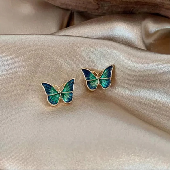 Butterfly Earrings in Green and Blue - Picture 2 of 3